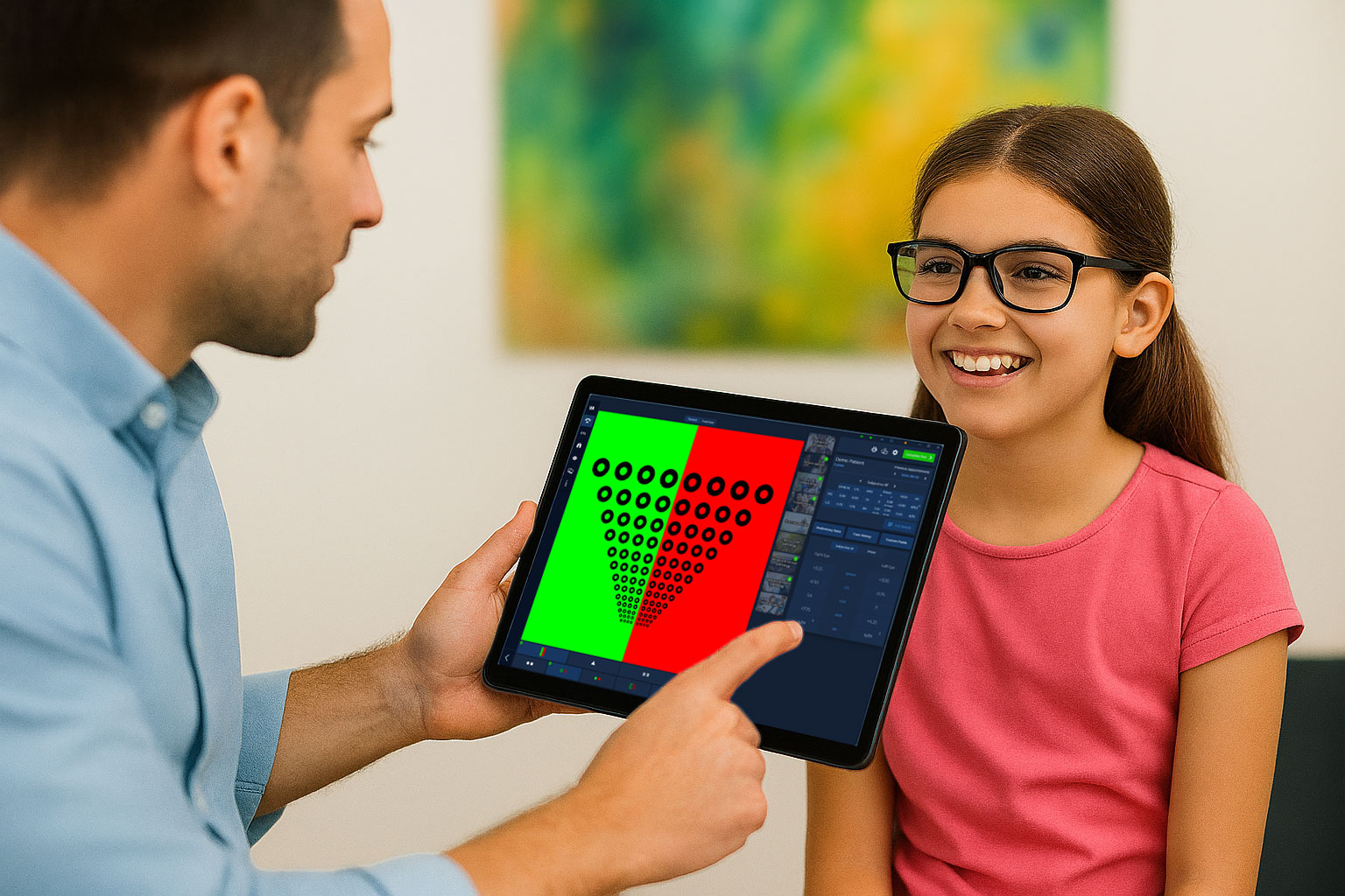 Optometrist testing child’s vision for myopia awareness