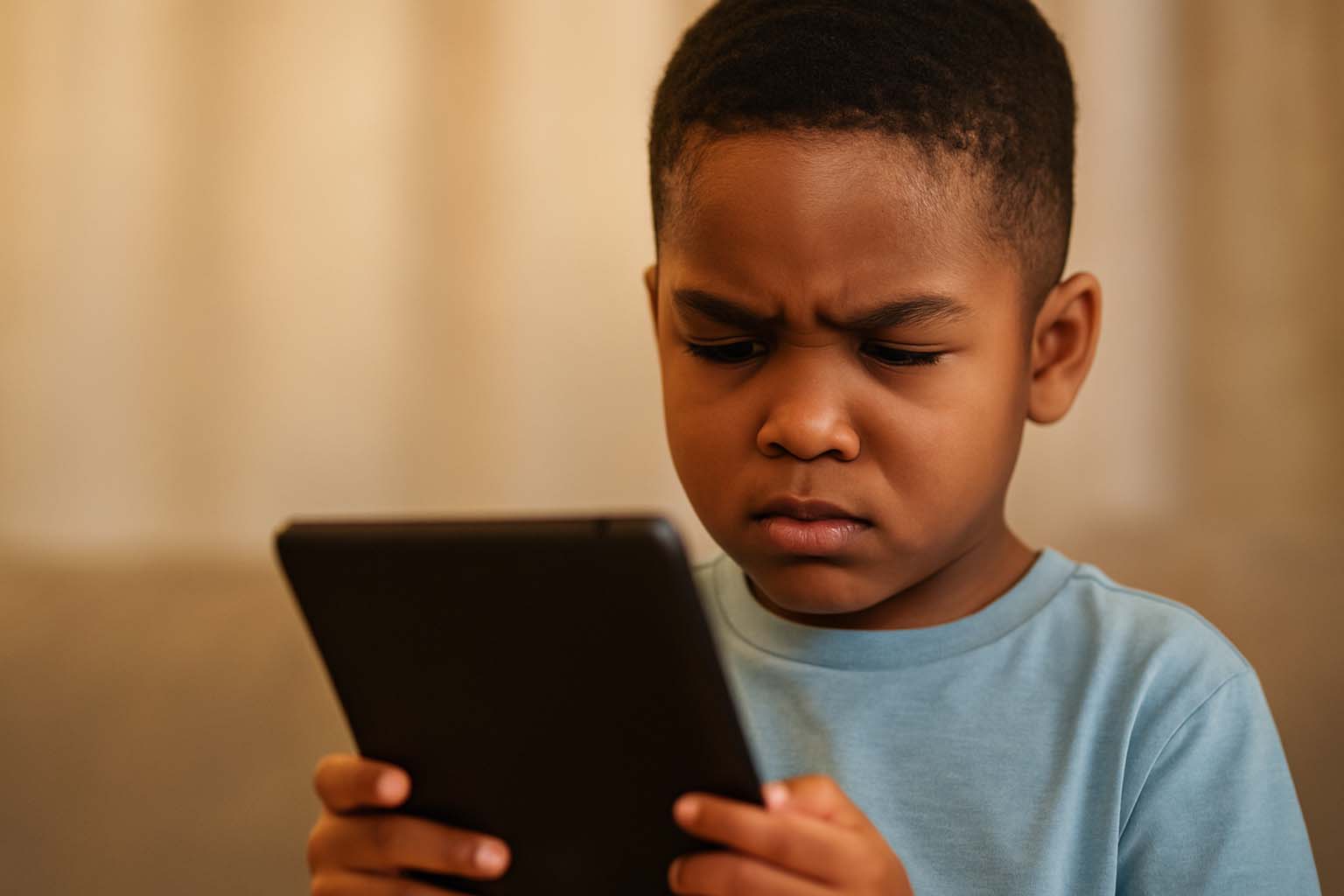 Child using tablet screen, contributing to myopia